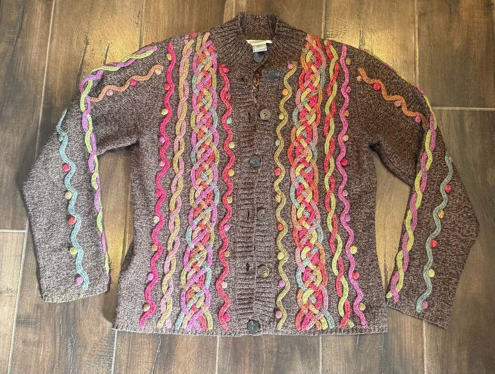 Vintage Talbots Brown Multicolored 3D Braided Artsy Cardigan Sweater